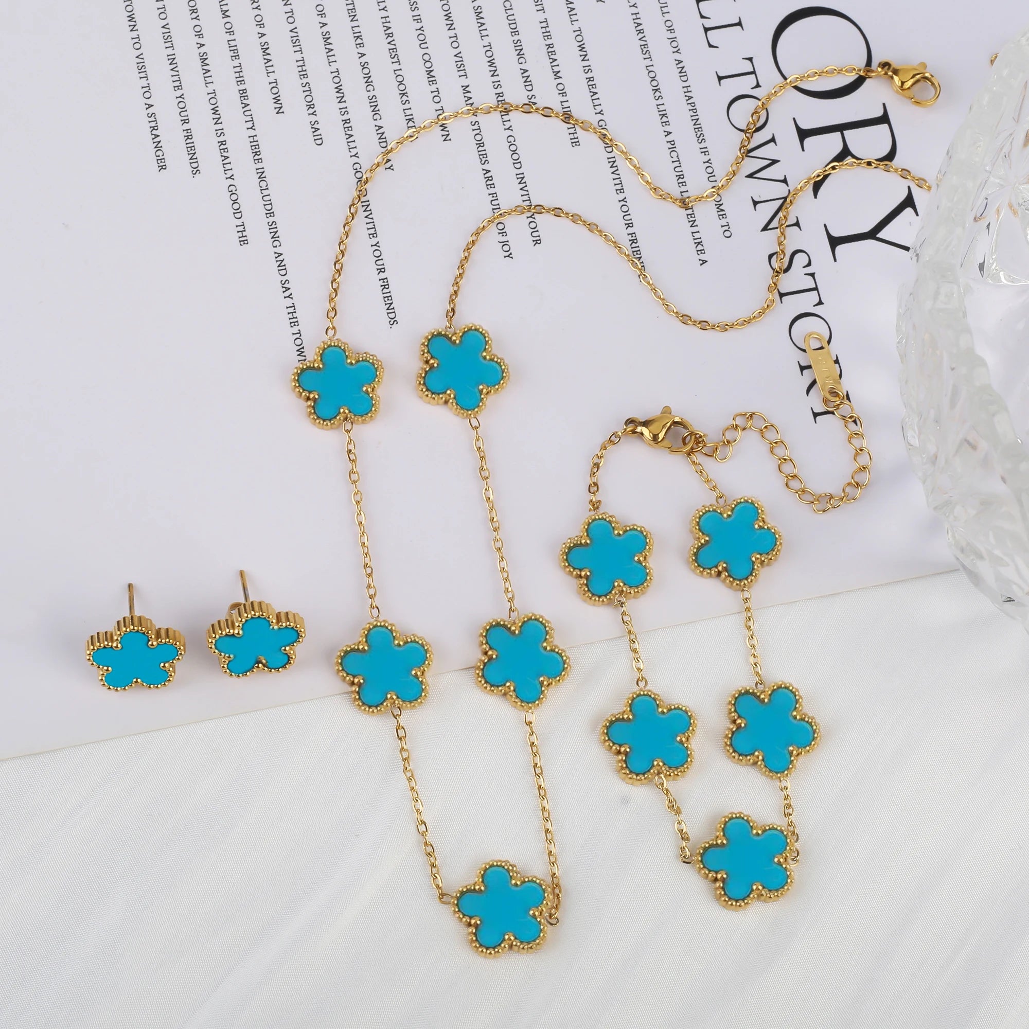 Luxury Black Four-Leaf Clover Necklace, Bracelet & Earrings Set