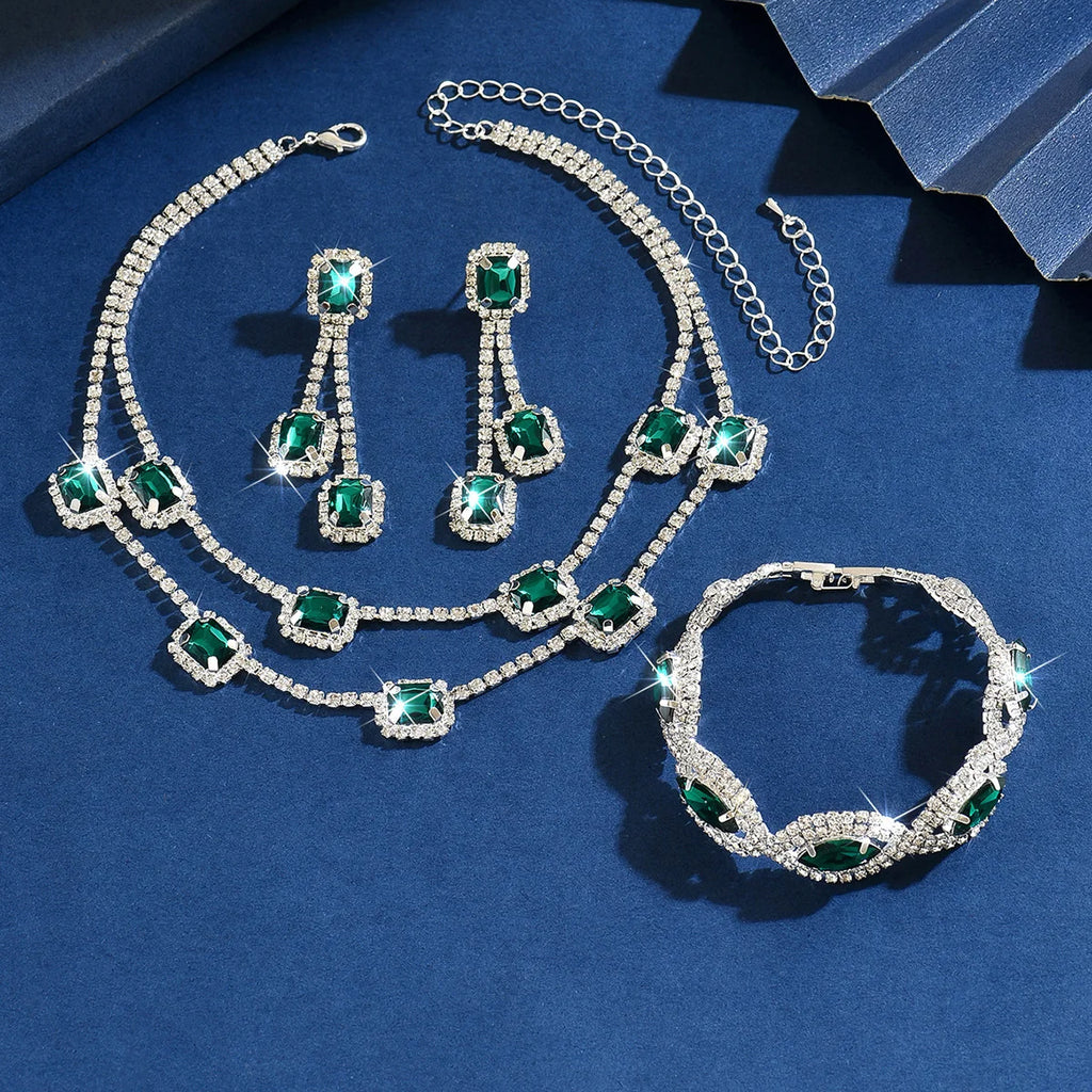 Glamorous Emerald & Rhinestone Bridal Jewelry Set