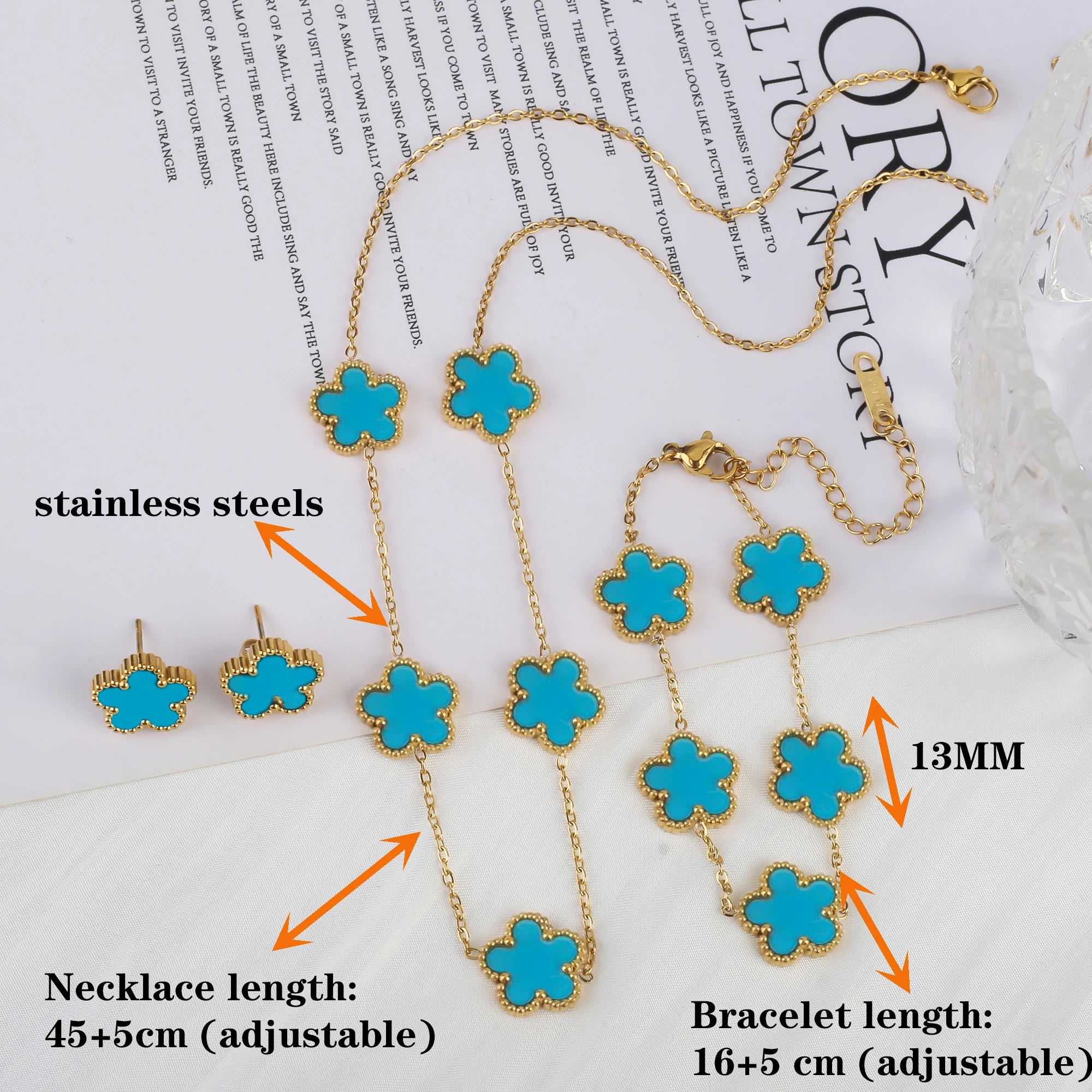 Luxury Black Four-Leaf Clover Necklace, Bracelet & Earrings Set