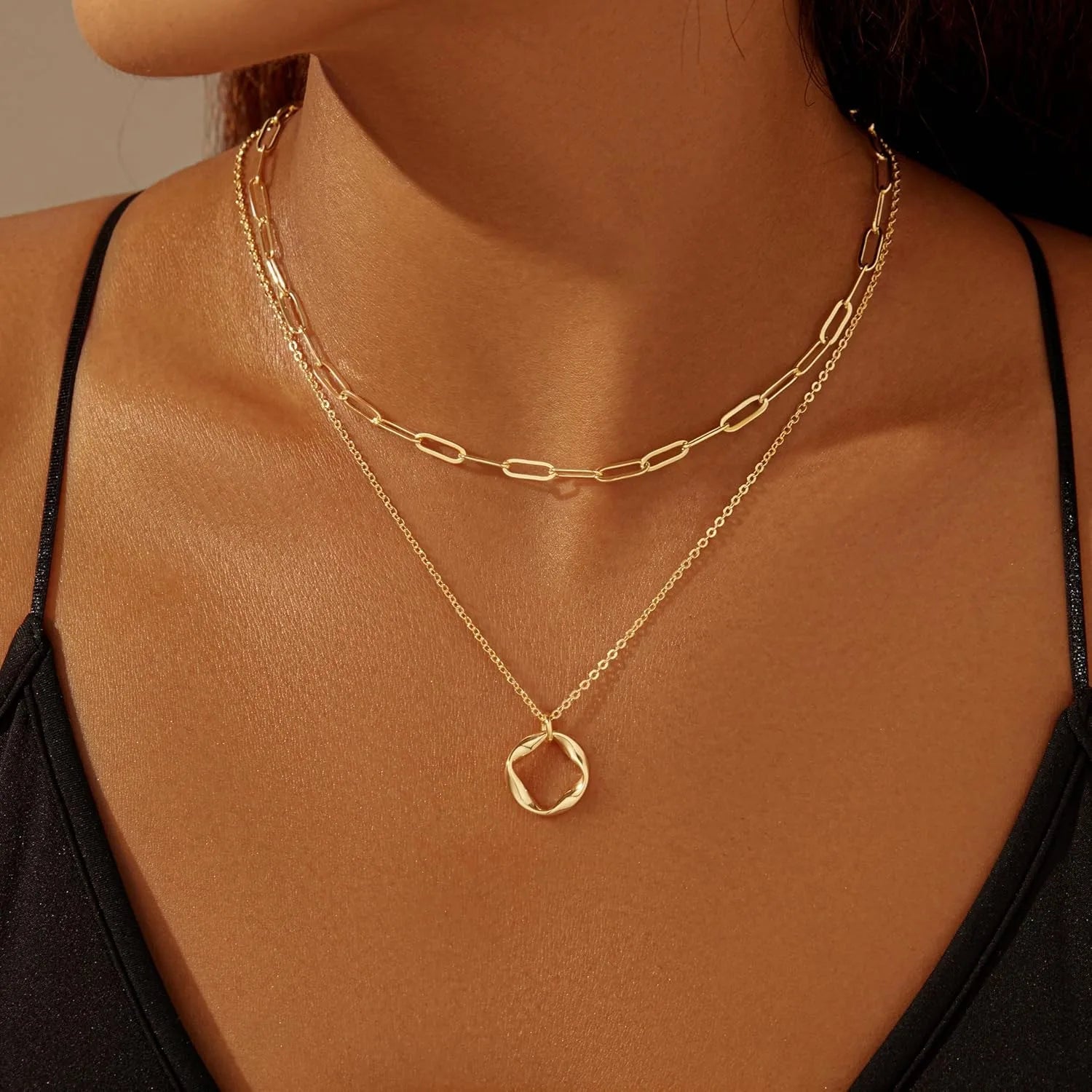 Layered Gold Paperclip & Circle Pendant Necklace