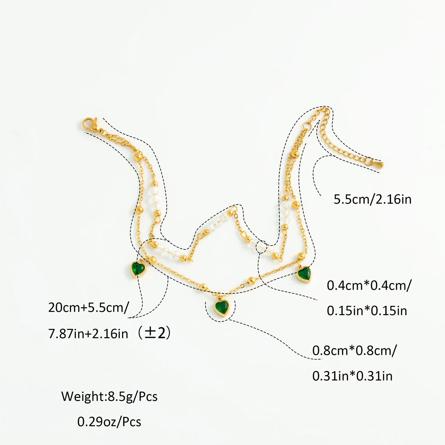 Tobillera Multicapa Corazón Esmeralda y Cristales - Emeraldia Jewelry · Operado por R. E. dos Santos LTDA · CNPJ: 45.450.979/0001-38