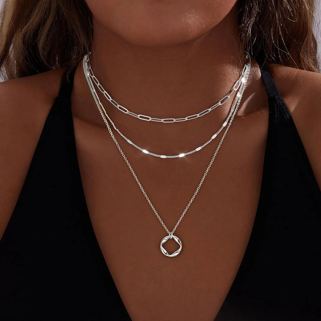 Layered Gold Paperclip & Circle Pendant Necklace