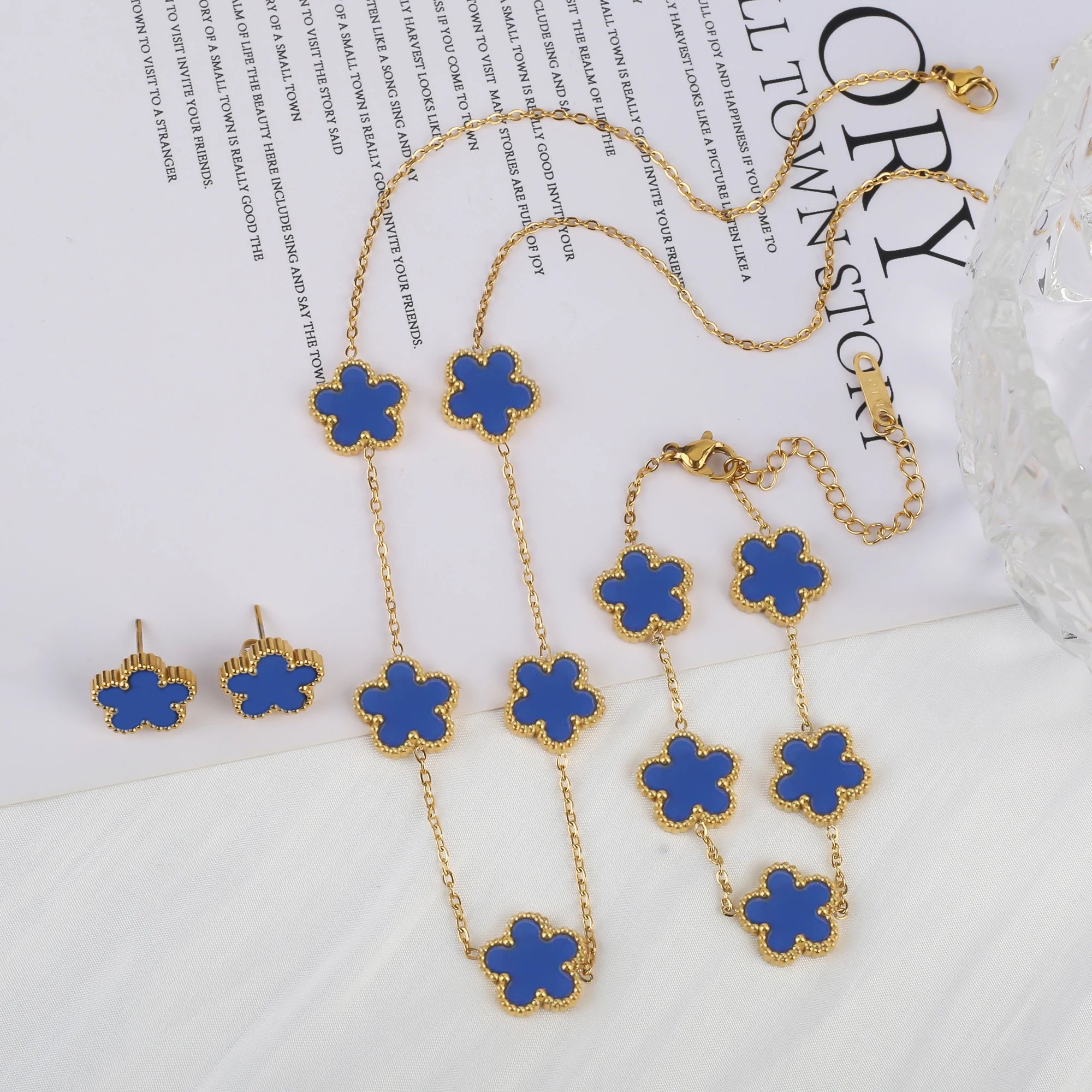 Luxury Black Four-Leaf Clover Necklace, Bracelet & Earrings Set