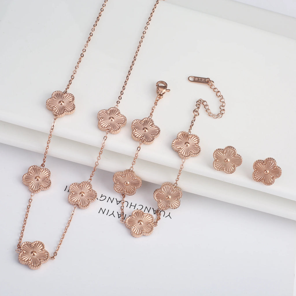 Luxury Black Four-Leaf Clover Necklace, Bracelet & Earrings Set