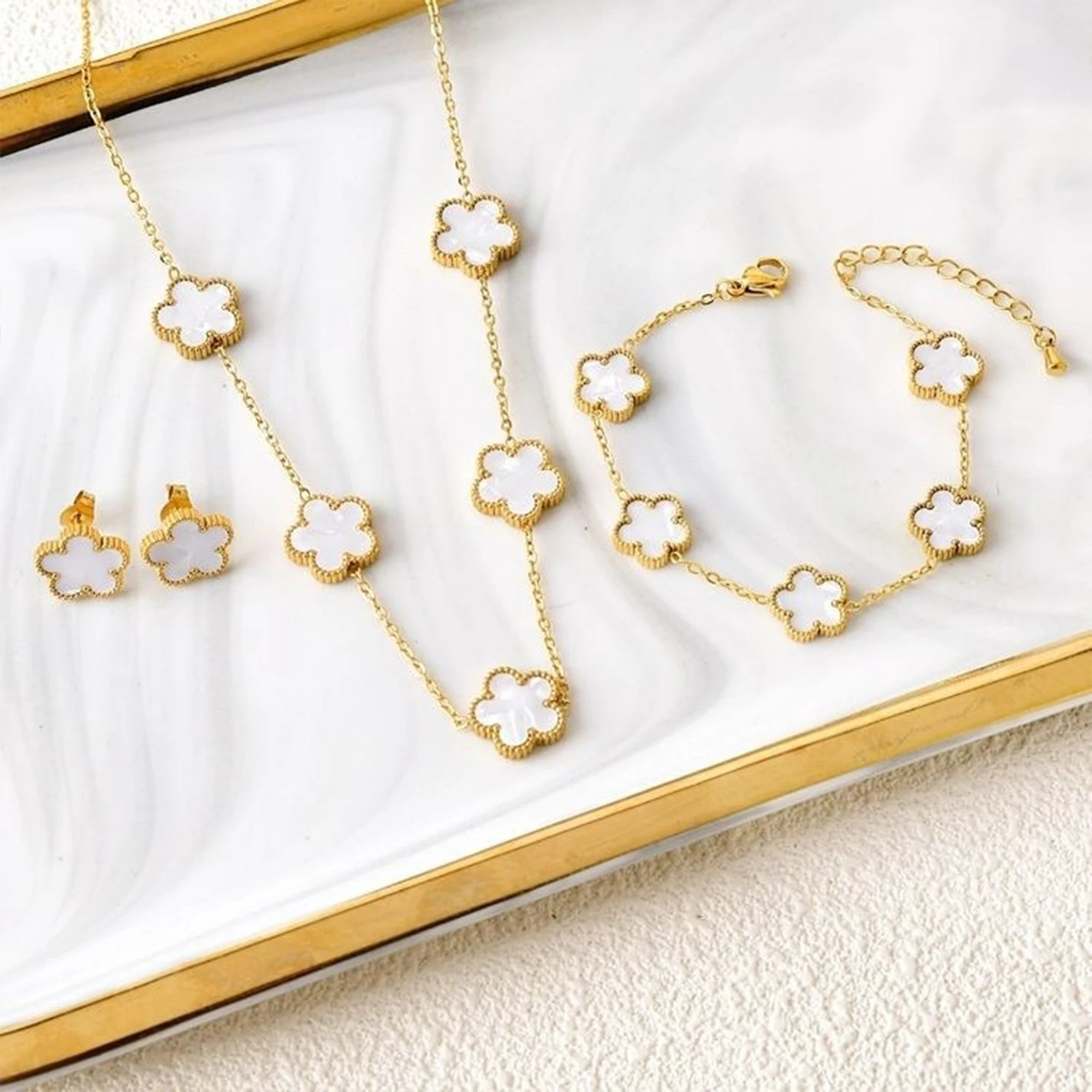 Luxury Black Four-Leaf Clover Necklace, Bracelet & Earrings Set