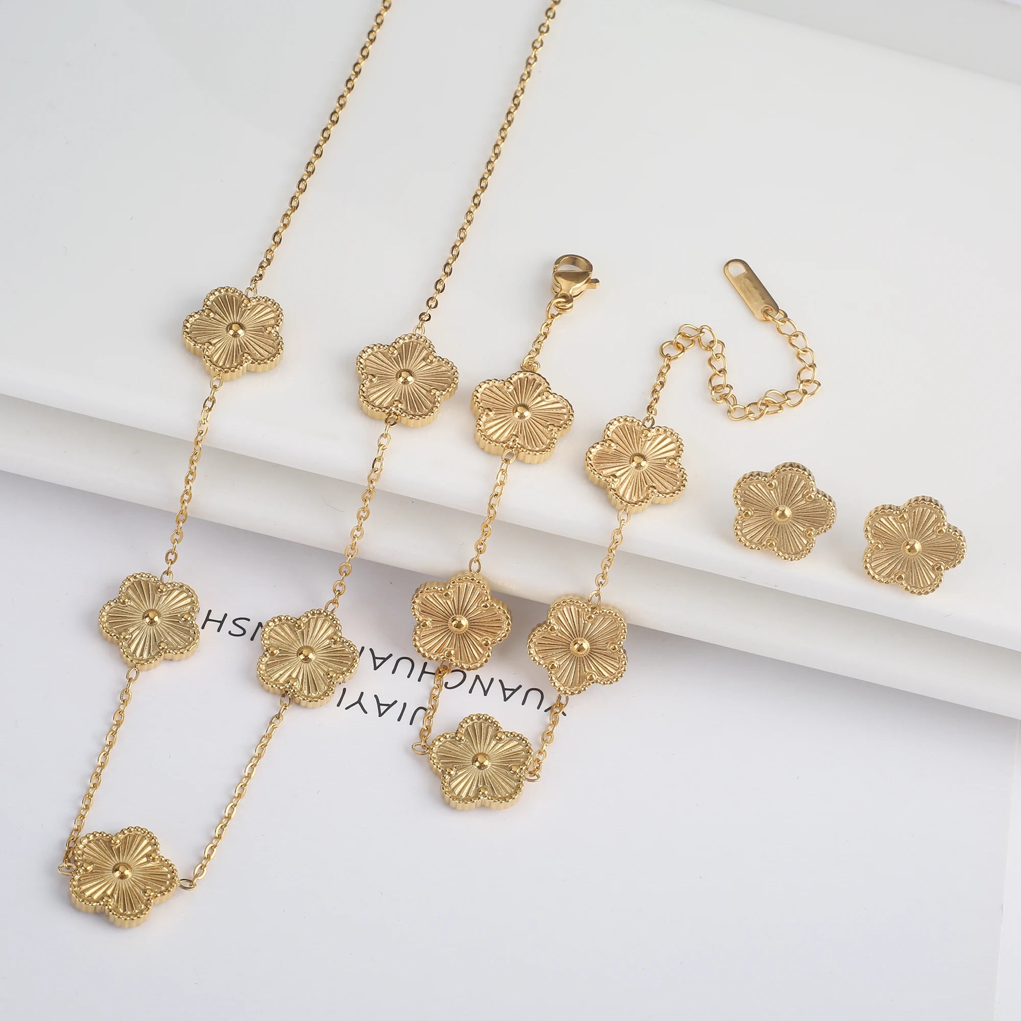 Luxury Black Four-Leaf Clover Necklace, Bracelet & Earrings Set