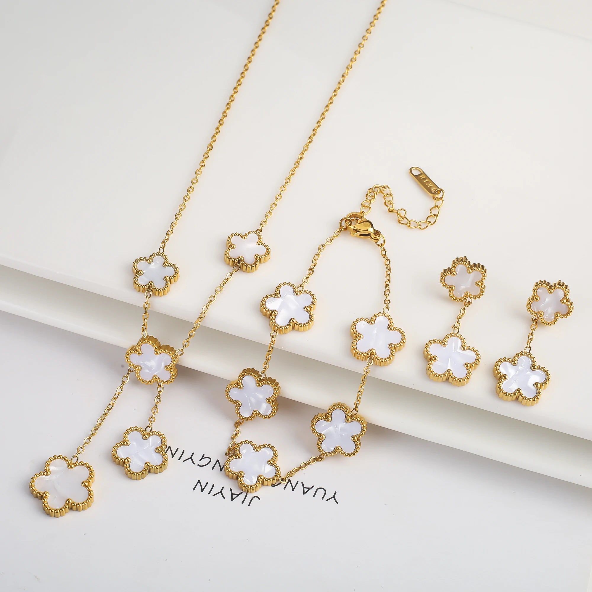 Luxury Black Four-Leaf Clover Necklace, Bracelet & Earrings Set