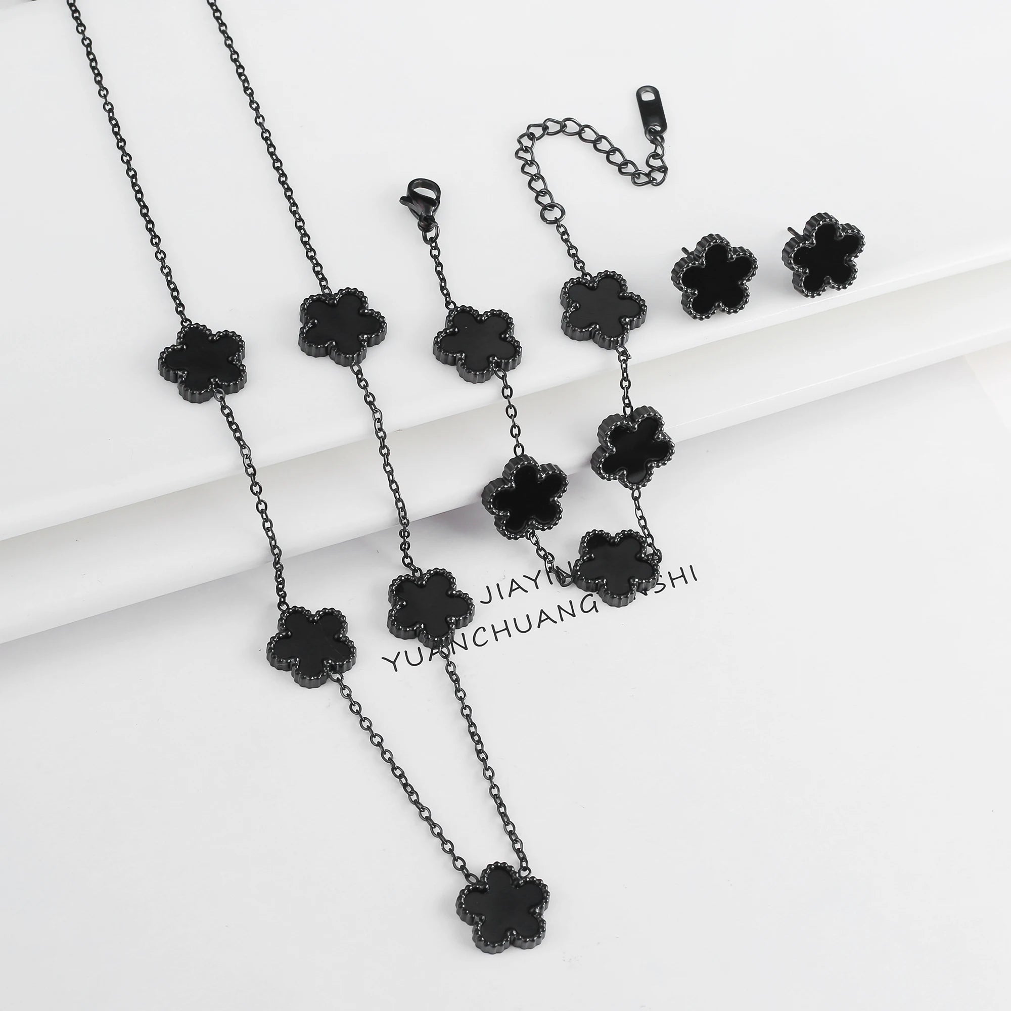 Luxury Black Four-Leaf Clover Necklace, Bracelet & Earrings Set