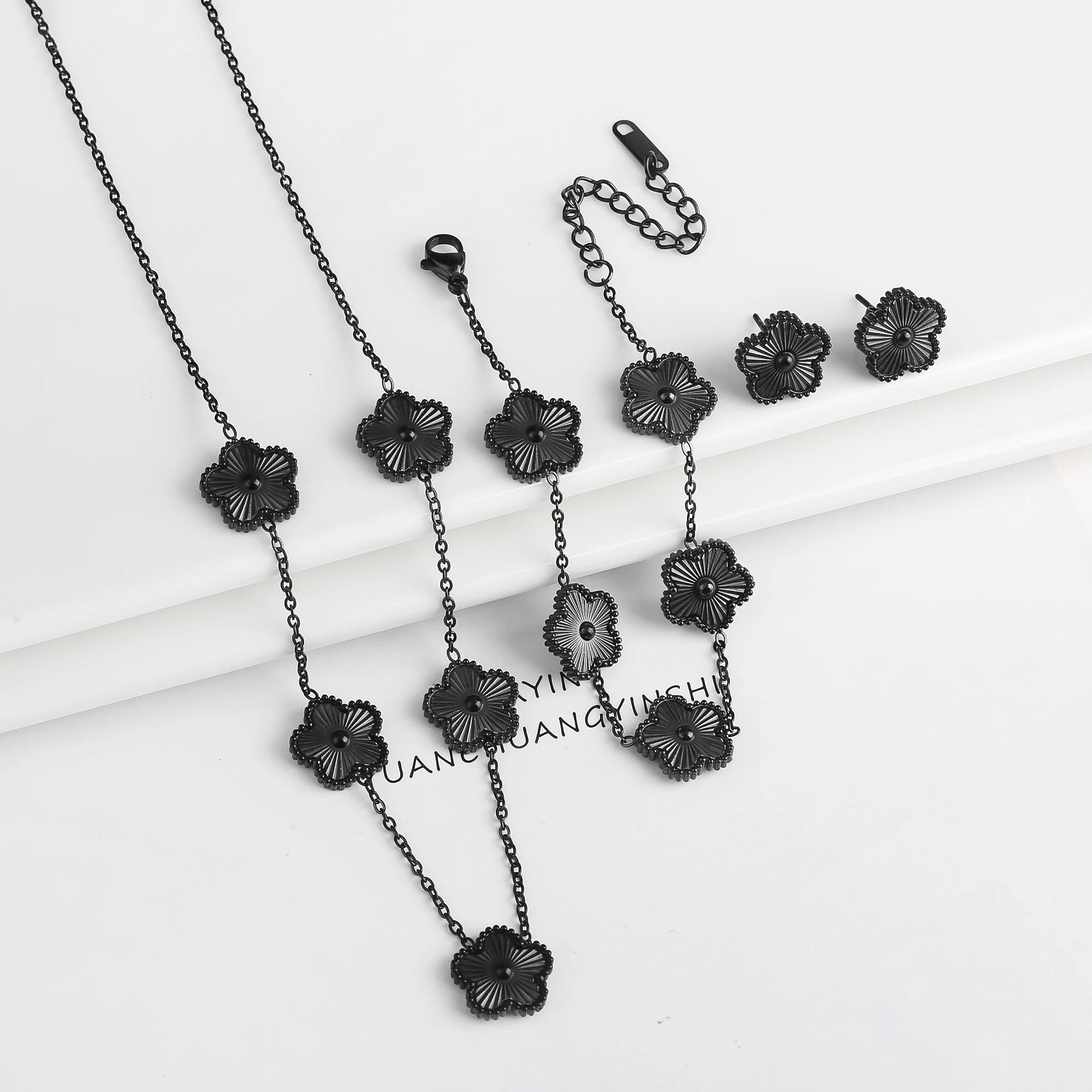 Luxury Black Four-Leaf Clover Necklace, Bracelet & Earrings Set