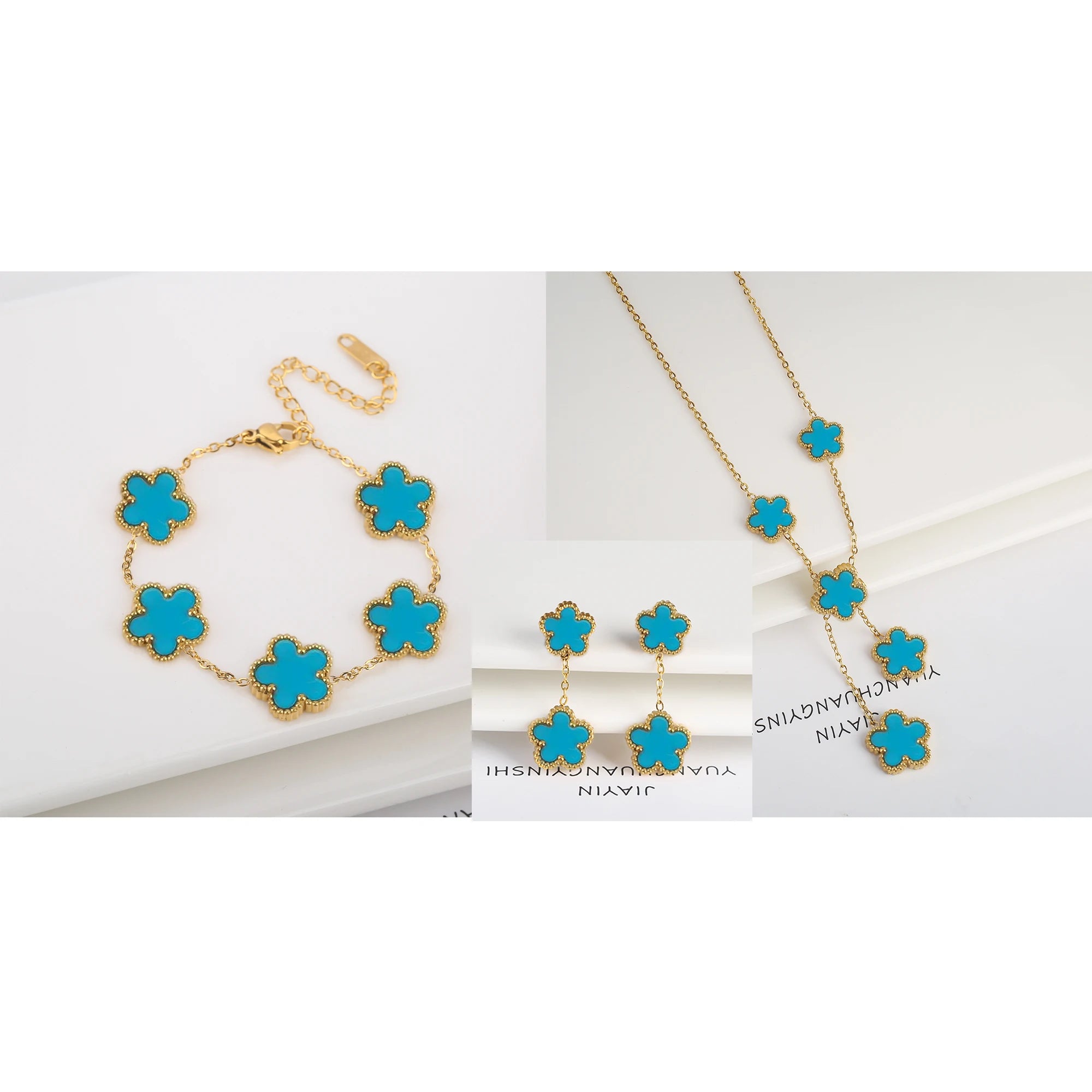 Luxury Black Four-Leaf Clover Necklace, Bracelet & Earrings Set