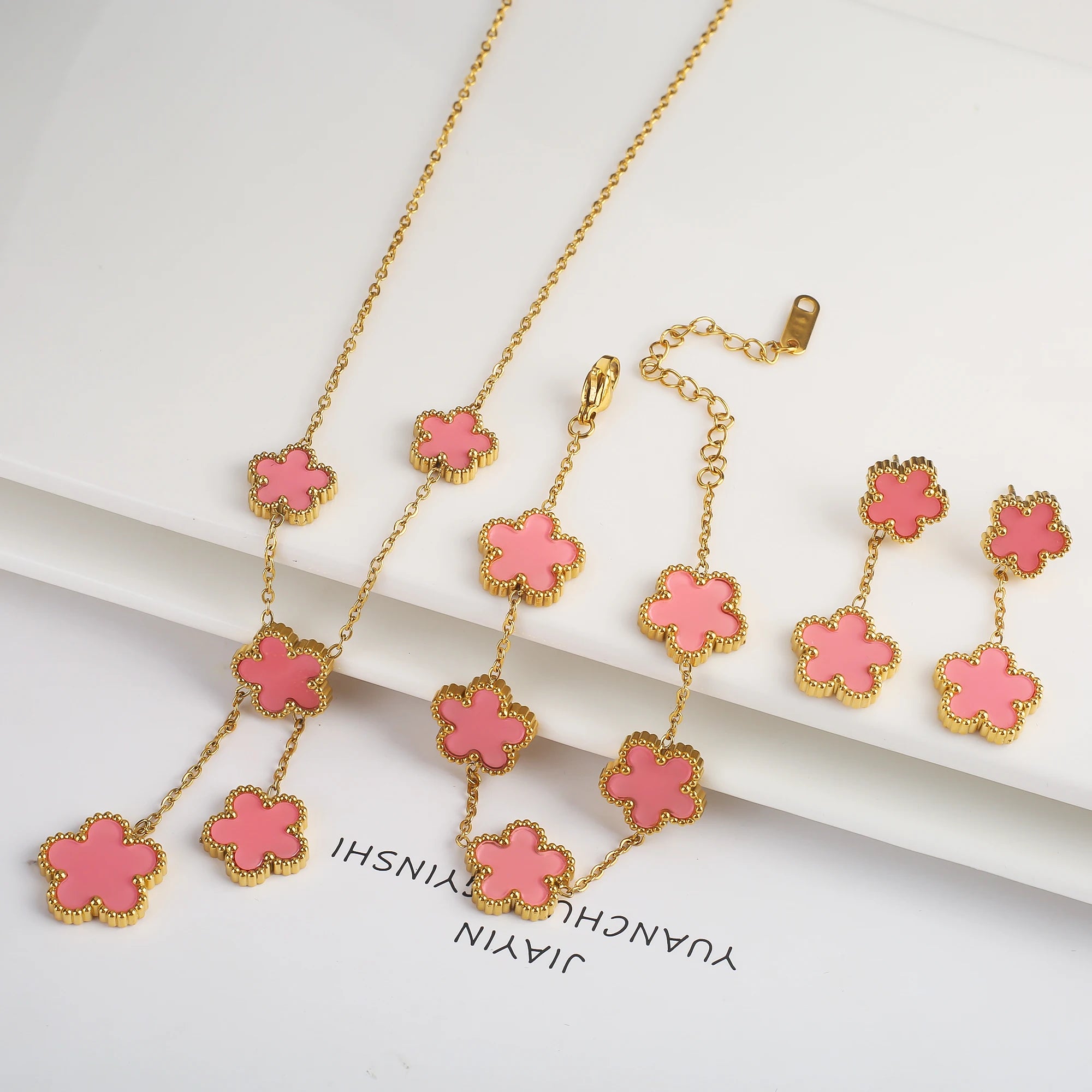 Luxury Black Four-Leaf Clover Necklace, Bracelet & Earrings Set