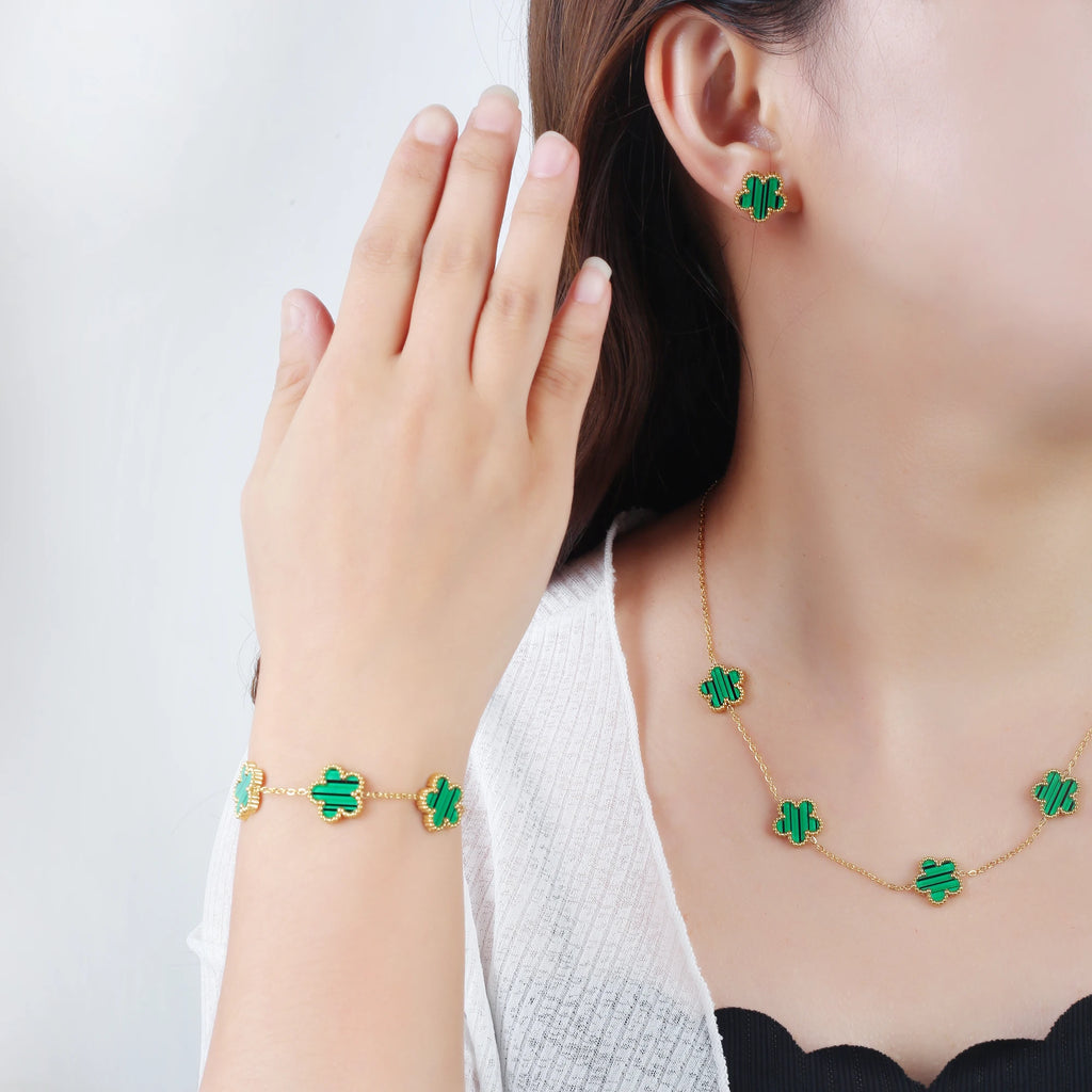 Luxury Black Four-Leaf Clover Necklace, Bracelet & Earrings Set