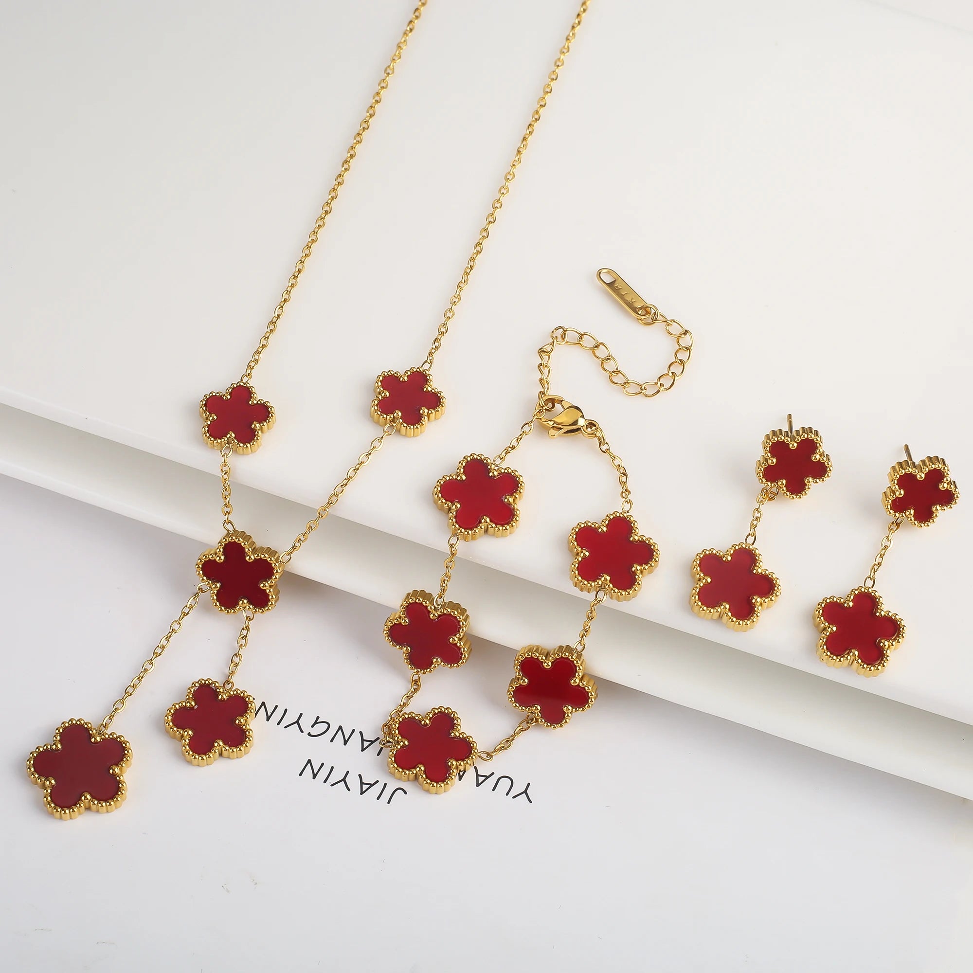 Luxury Black Four-Leaf Clover Necklace, Bracelet & Earrings Set