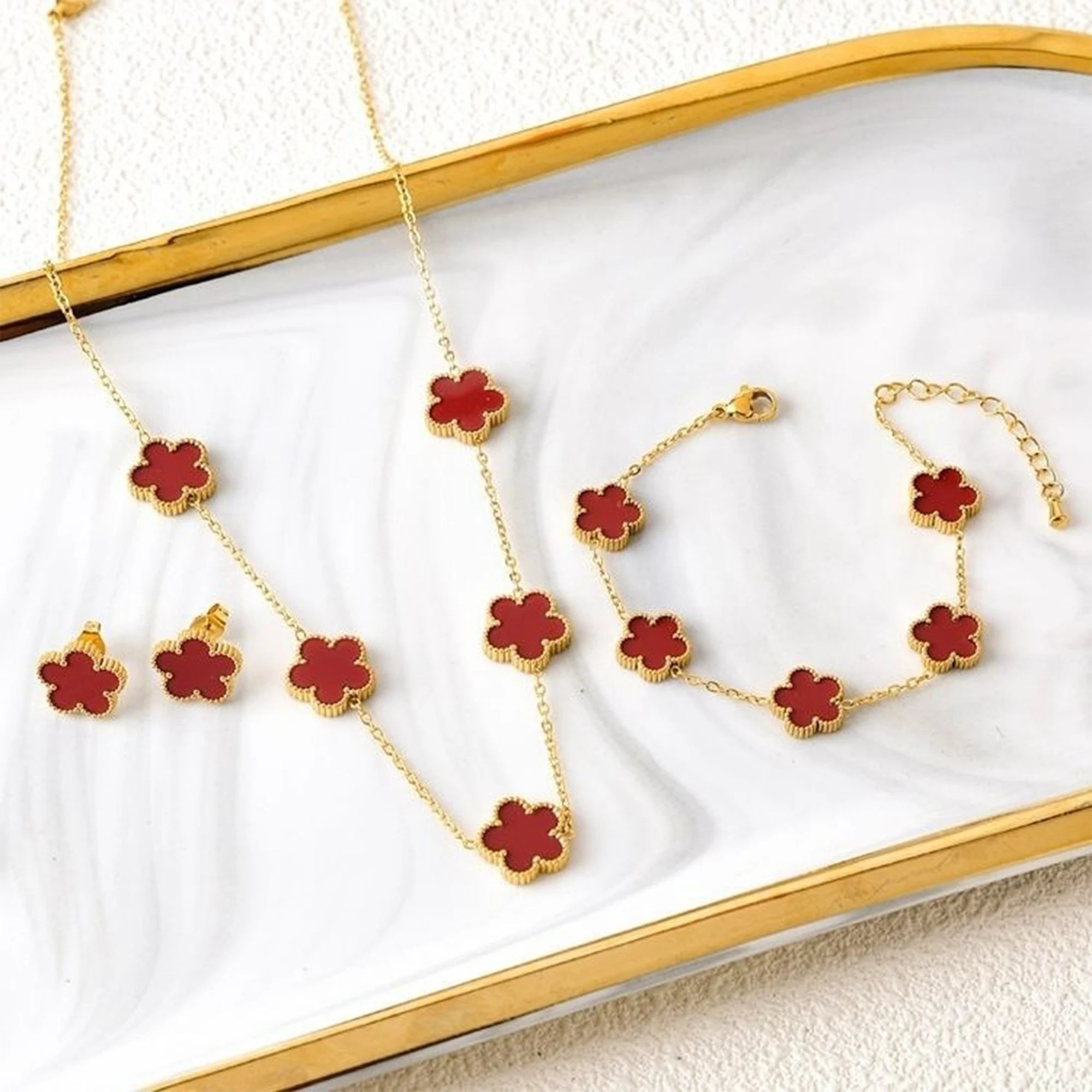 Luxury Black Four-Leaf Clover Necklace, Bracelet & Earrings Set