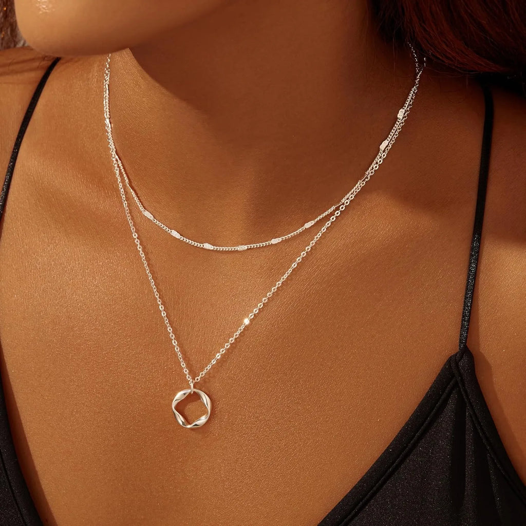Layered Gold Paperclip & Circle Pendant Necklace