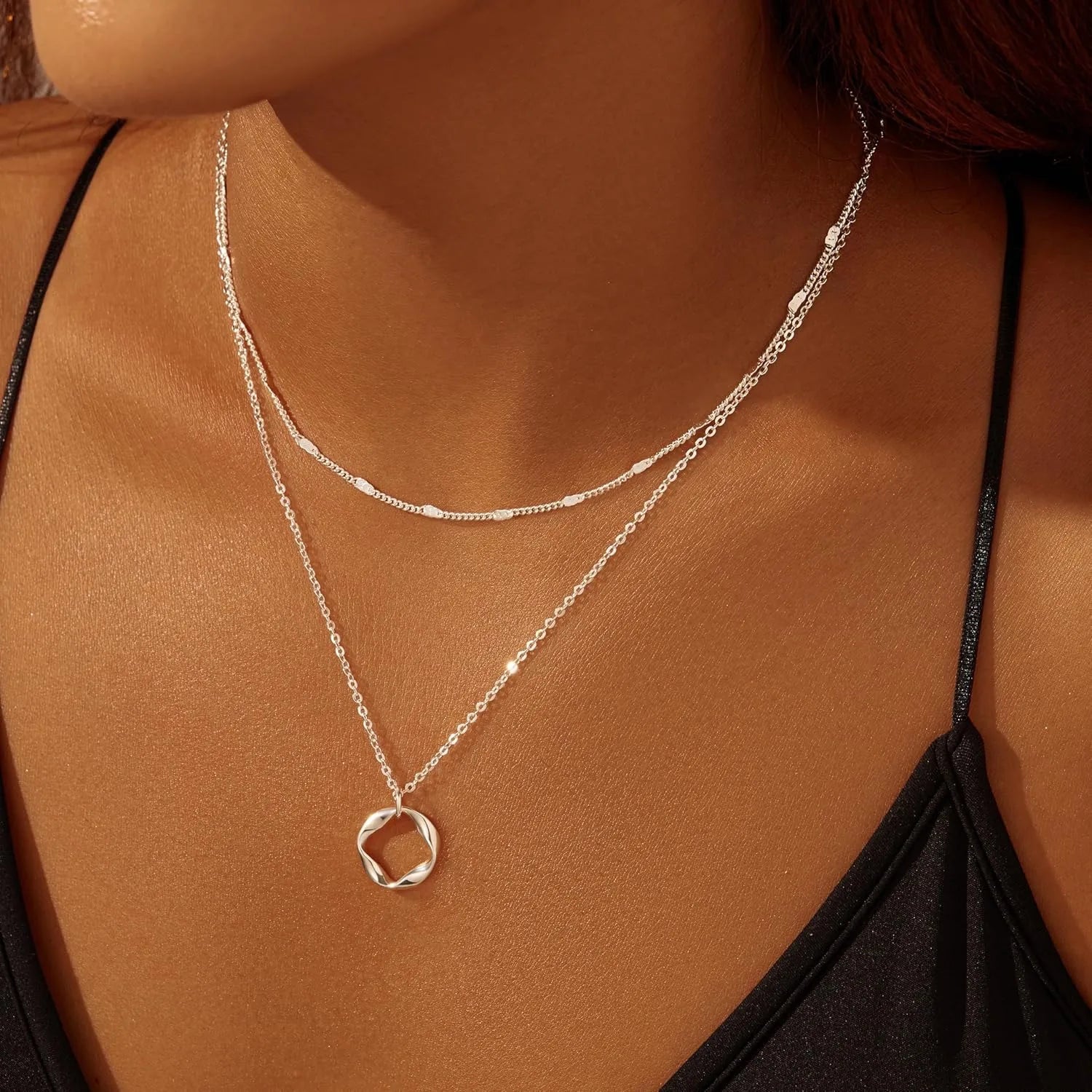 Layered Gold Paperclip & Circle Pendant Necklace