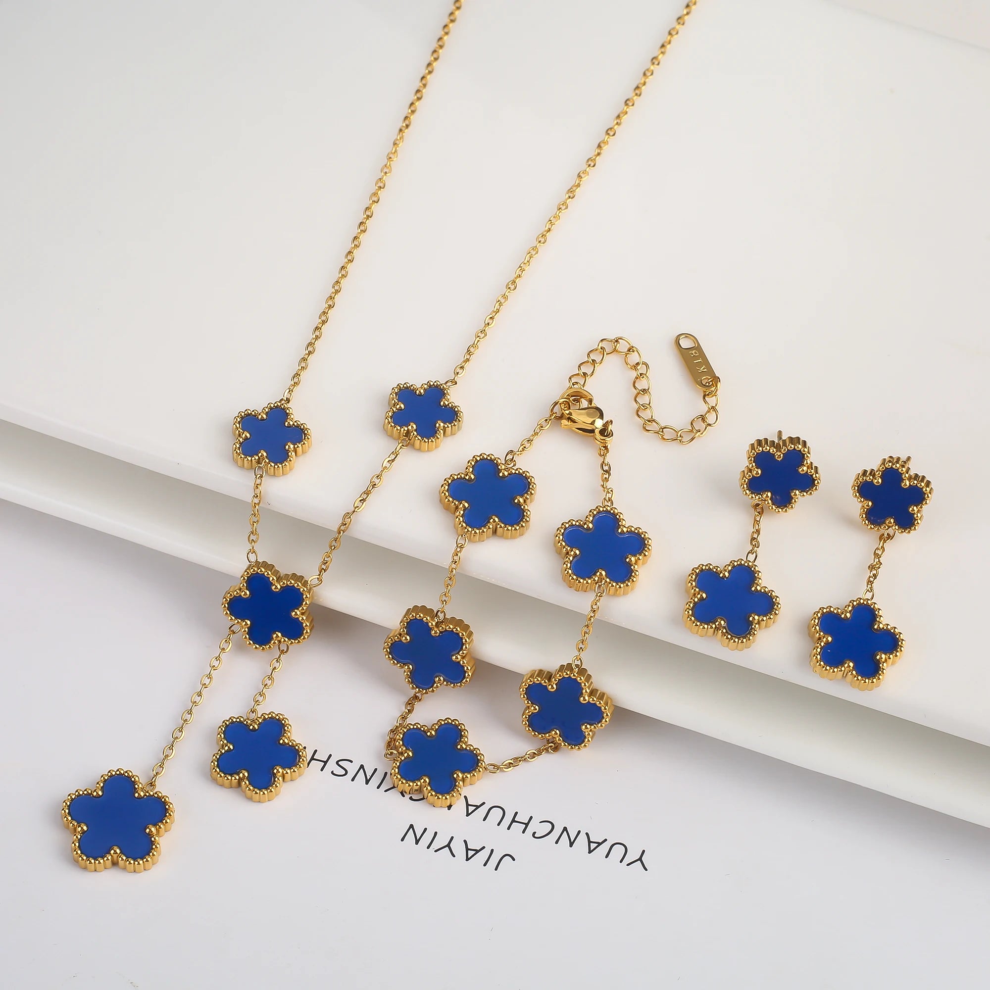 Luxury Black Four-Leaf Clover Necklace, Bracelet & Earrings Set