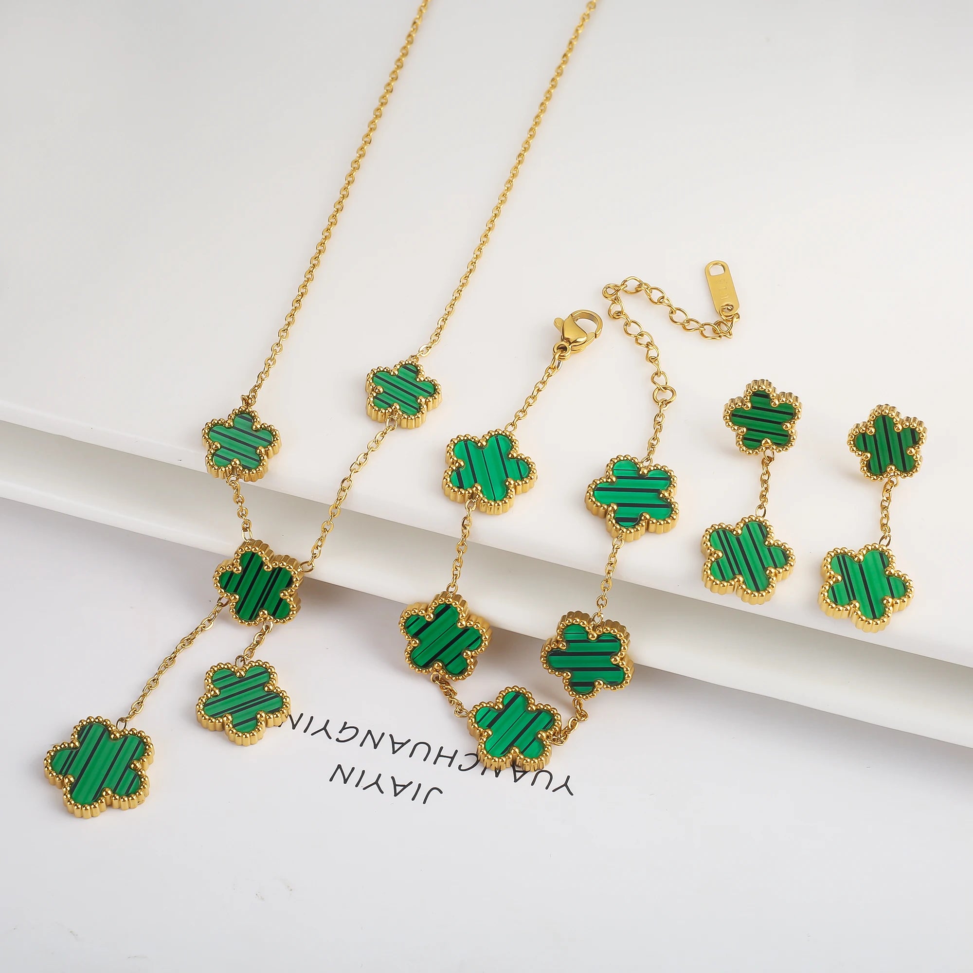 Luxury Black Four-Leaf Clover Necklace, Bracelet & Earrings Set