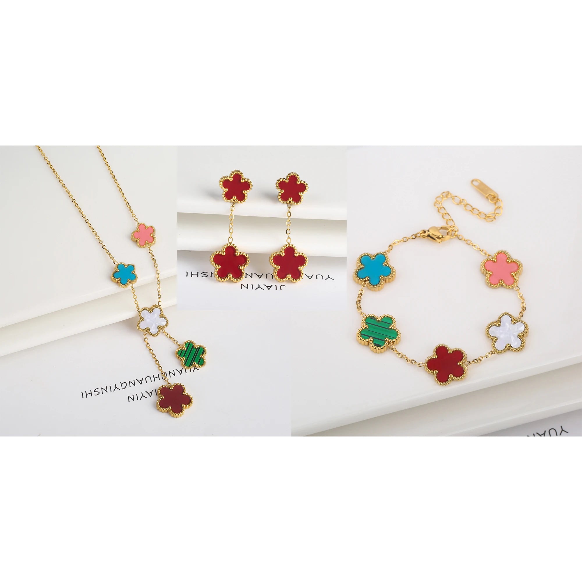 Luxury Black Four-Leaf Clover Necklace, Bracelet & Earrings Set