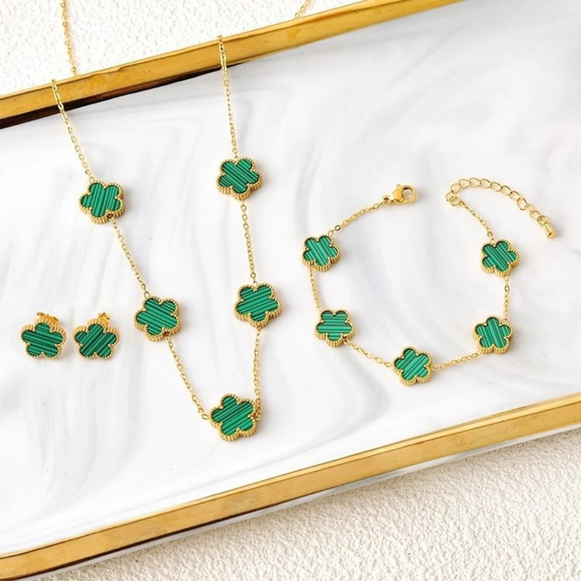 Luxury Black Four-Leaf Clover Necklace, Bracelet & Earrings Set
