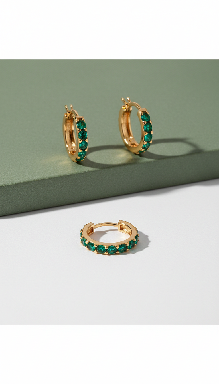 Gold Hoop Earrings with Emerald Detail